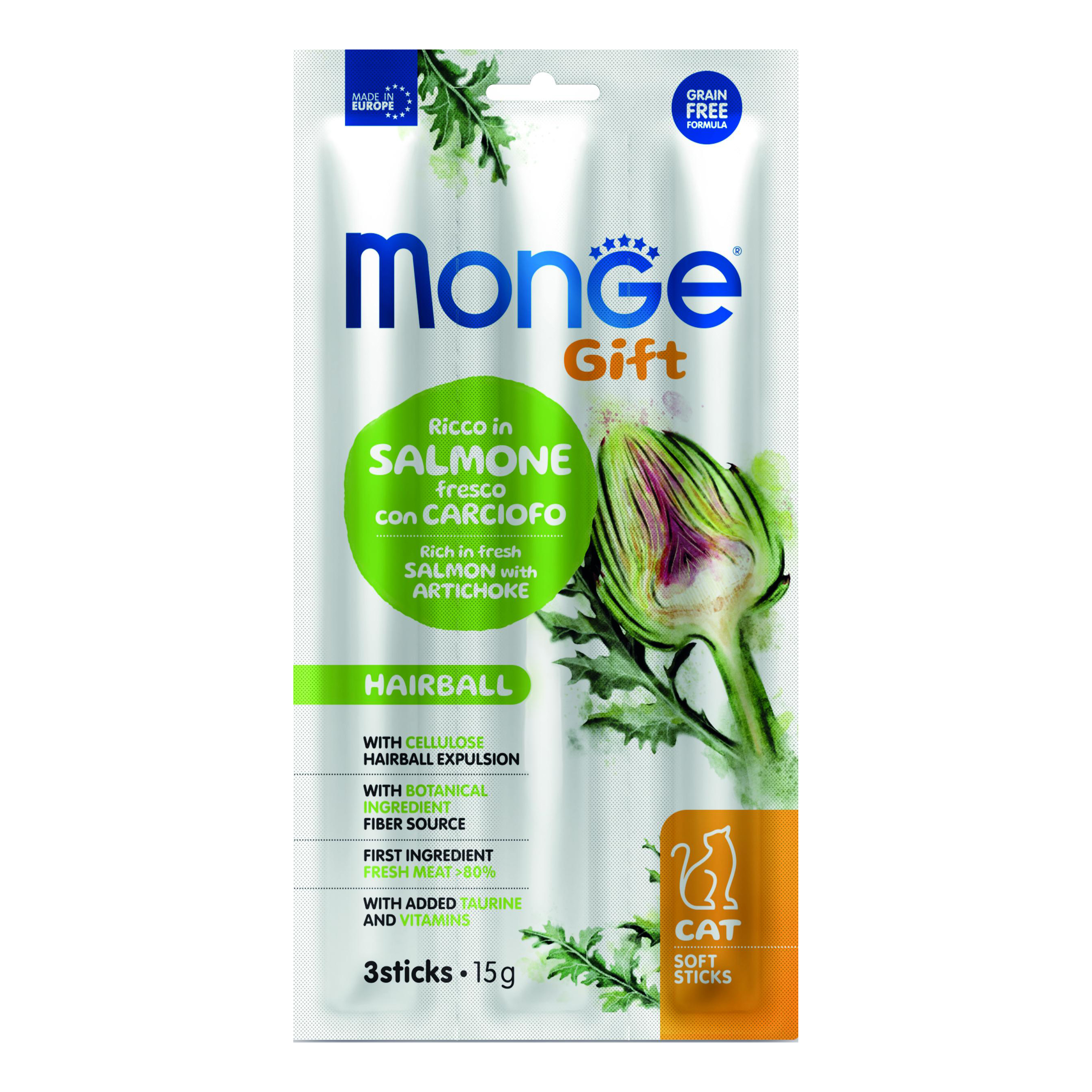 Monge cat soft sticks gift hairball ricco in salmone fresco con carciofo 15 g