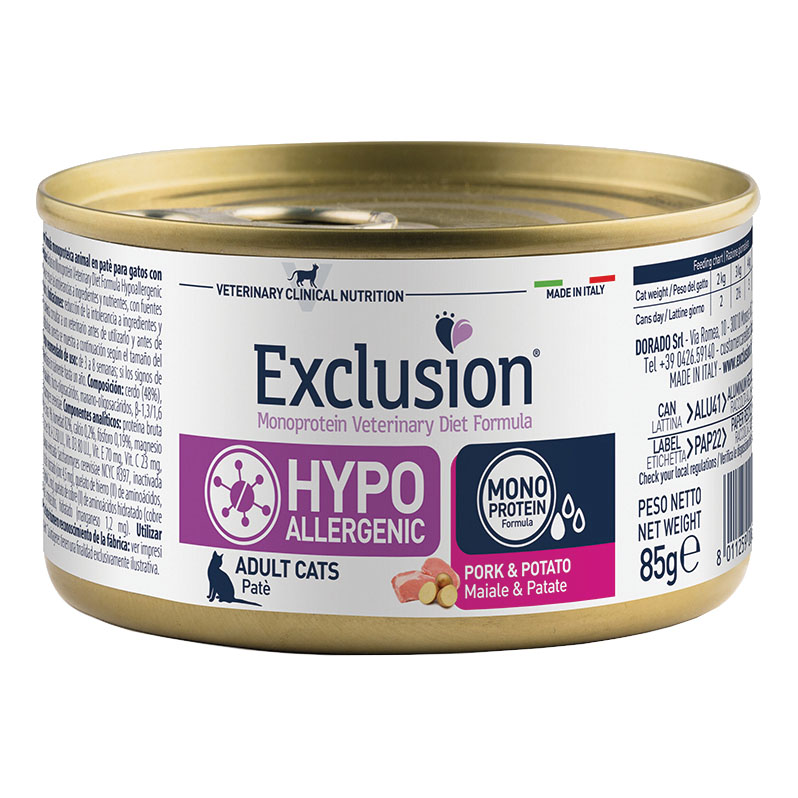 Exclusion Gatto Diet Hypoallergenic Adulto Maiale &amp; Patate Lattina 85 Gr