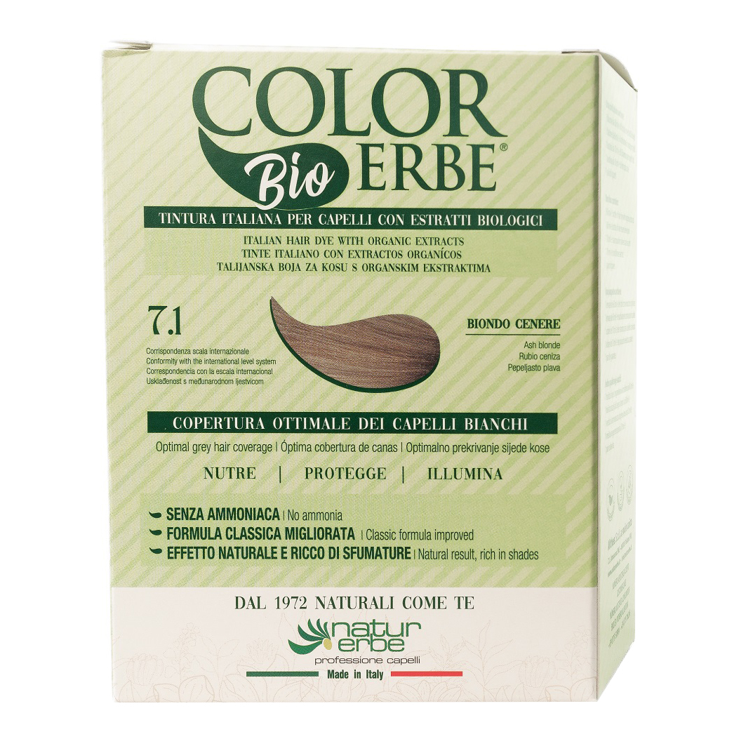 Color erbe tintura bio biondo cenere 7,1 estratti bio 60 ml + attivatore crema 60 ml + shampoo capelli tinti 10 ml + ristrutturante 10 ml + 1 paio guanti