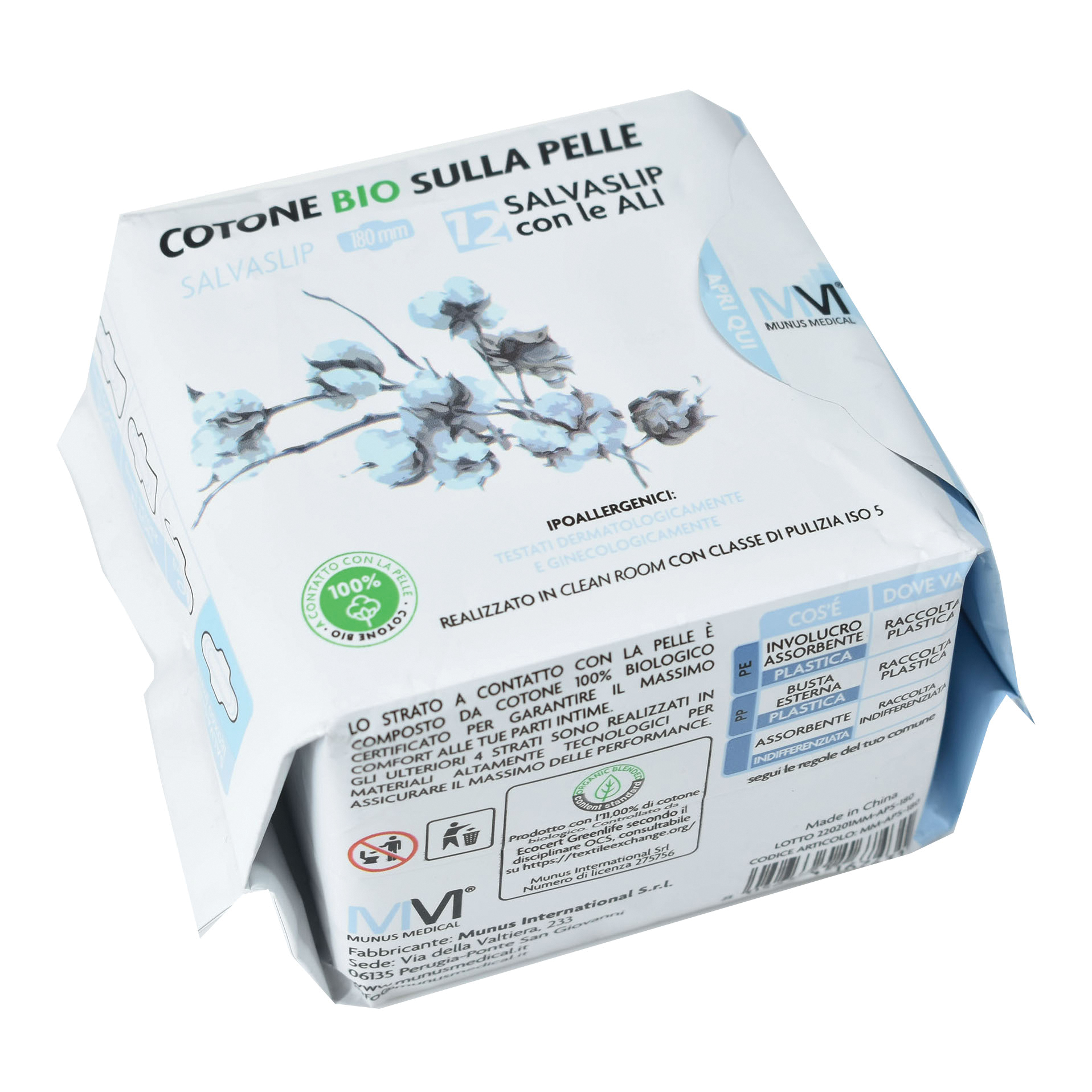 Munus medical proteggi slip con ali cotone bio sulla pelle 12 pezzi