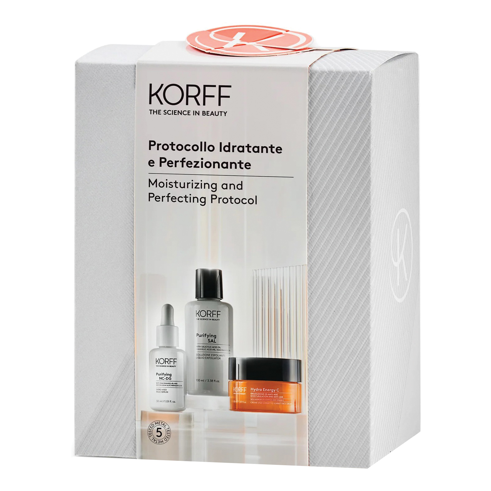 Korff cofanetto idratante perfezionante 1 soluzione esfoliante purifying 100 ml + 1 siero purifying 30 ml + 1 hydra energy c crema sorbetto 50 ml