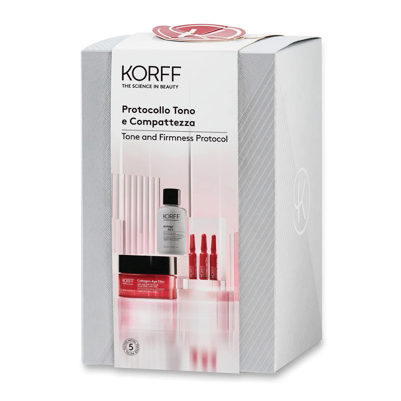 Korff cofanetto tono e compattezza 1 soluzione esfoliante antiage gly 30 ml + 7 collagen age filler tonificante 1 ml + 1 collagen age filler crema viso 50 ml