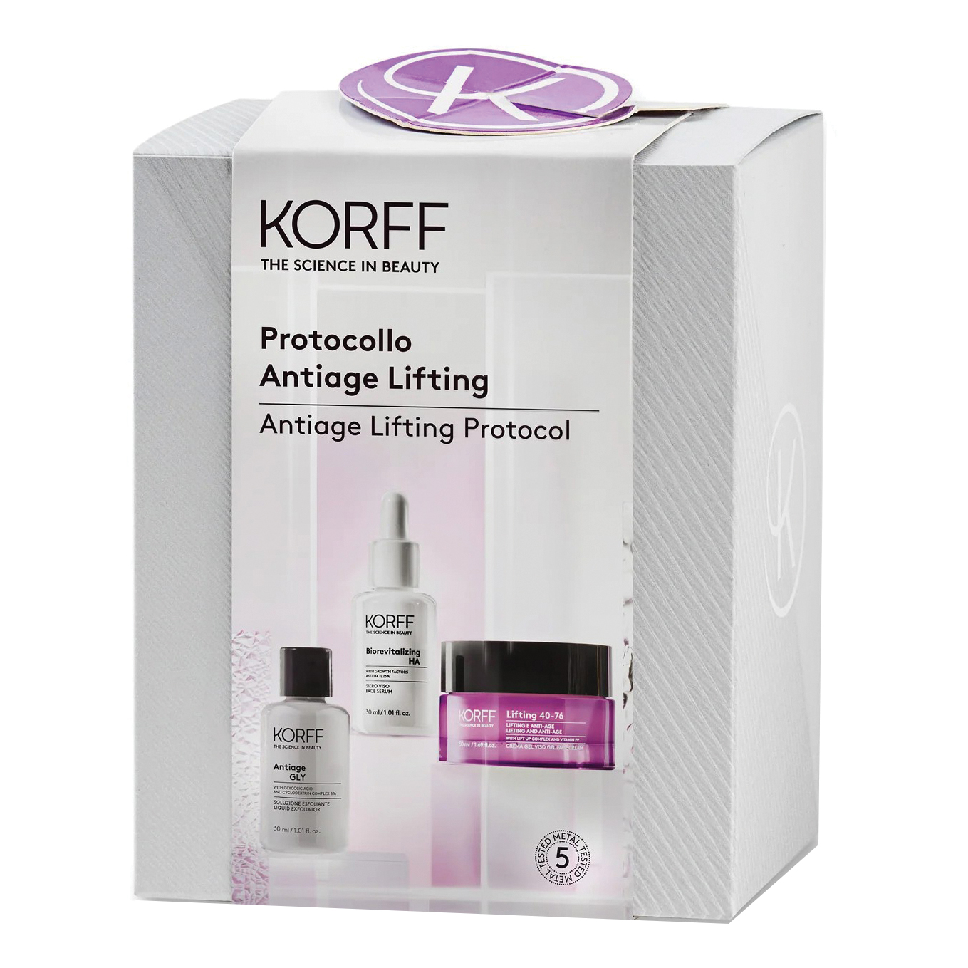 Korff cofanetto lifting 1 soluzione esfoliante antiage gly 30 ml + 1 siero biorevitalizing ha face serum 30 ml + 1 lifting 40-76 crema gel antieta' 50 ml