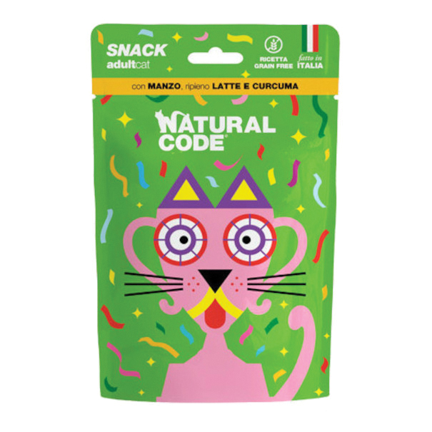 Natural Code Gatto Snack Adulto Manzo, Latte &amp; Curcuma 60 Gr
