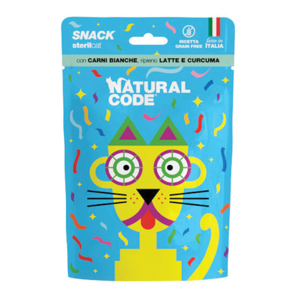 Natural Code Gatto Snack Adulto Sterilizzato Carni Bianche, Latte &amp; Curcuma 60 Gr