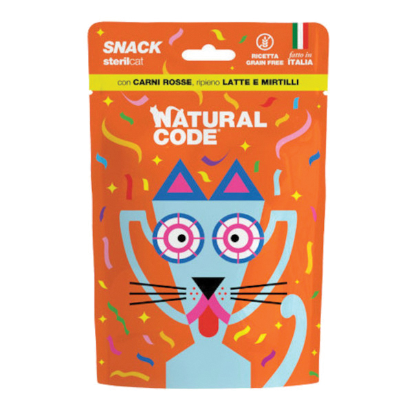 Natural Code Gatto Snack Adulto Sterilizzato Carni Rosse, Latte &amp; Mirtilli 60 Gr
