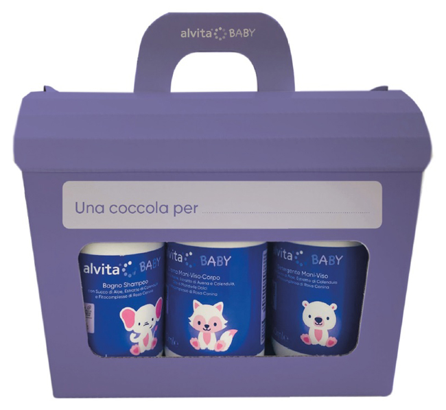 Alvita cofanetto baby 5 pezzi 1 bagno shampoo 300 ml + 1 crema viso corpo 300 ml + 1 detergente mani viso 300 ml + 1 pasta ossido zinco 100 ml + salviette pure water 60 pezzi