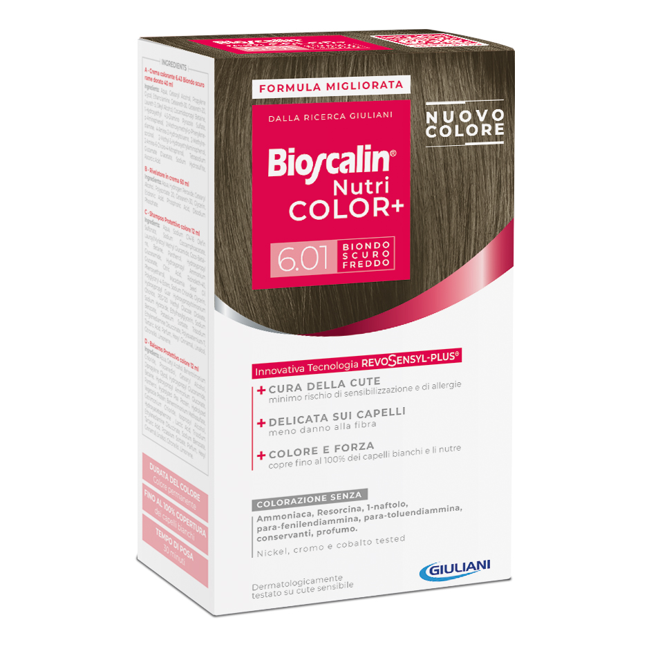 Bioscalin nutri color+ 6,01 biondo scuro freddo crema colorante 40 ml + rivelatore crema 60 ml + shampoo 12 ml + balsamo 12 ml + guanti usa e getta