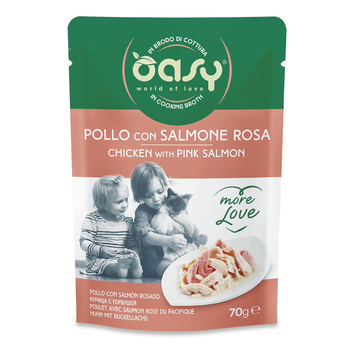 Oasy Gatto More Love In Busta Adulto Pollo &amp; Salmone Rosa 70 Gr
