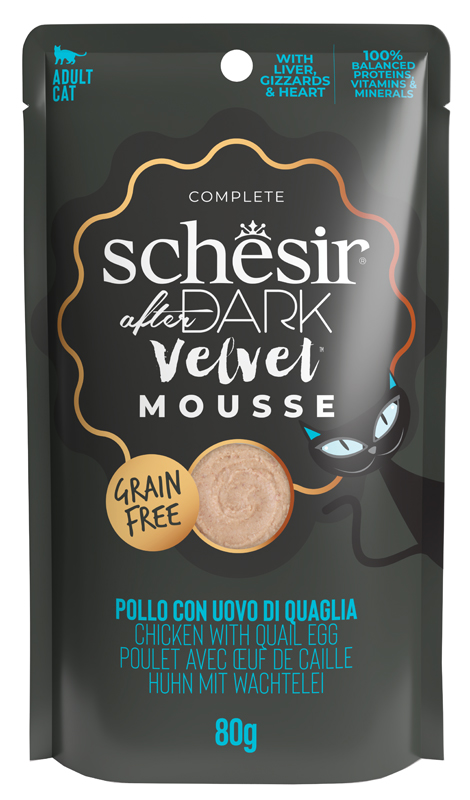 Schesir Gatto After Dark Velvet Mousse Adulto Pollo & Uovo Di Quaglia Busta 80 Gr