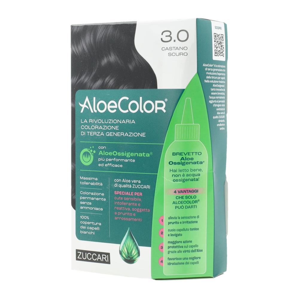 Aloecolor 3,0 castano scuro tinta permanente capelli colore ad alta pigmentazione 50 ml + rivelatore aloeossigenata 75 ml + shampoo aloecare 15 ml + guanti