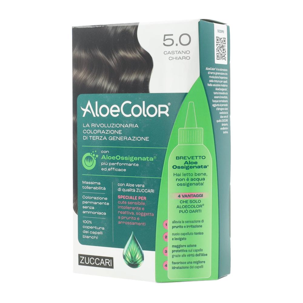 Aloecolor 5,0 castano chiaro tinta permanente capelli colore ad alta pigmentazione 50 ml + rivelatore aloeossigenata 75 ml + shampoo aloecare 15 ml + guanti