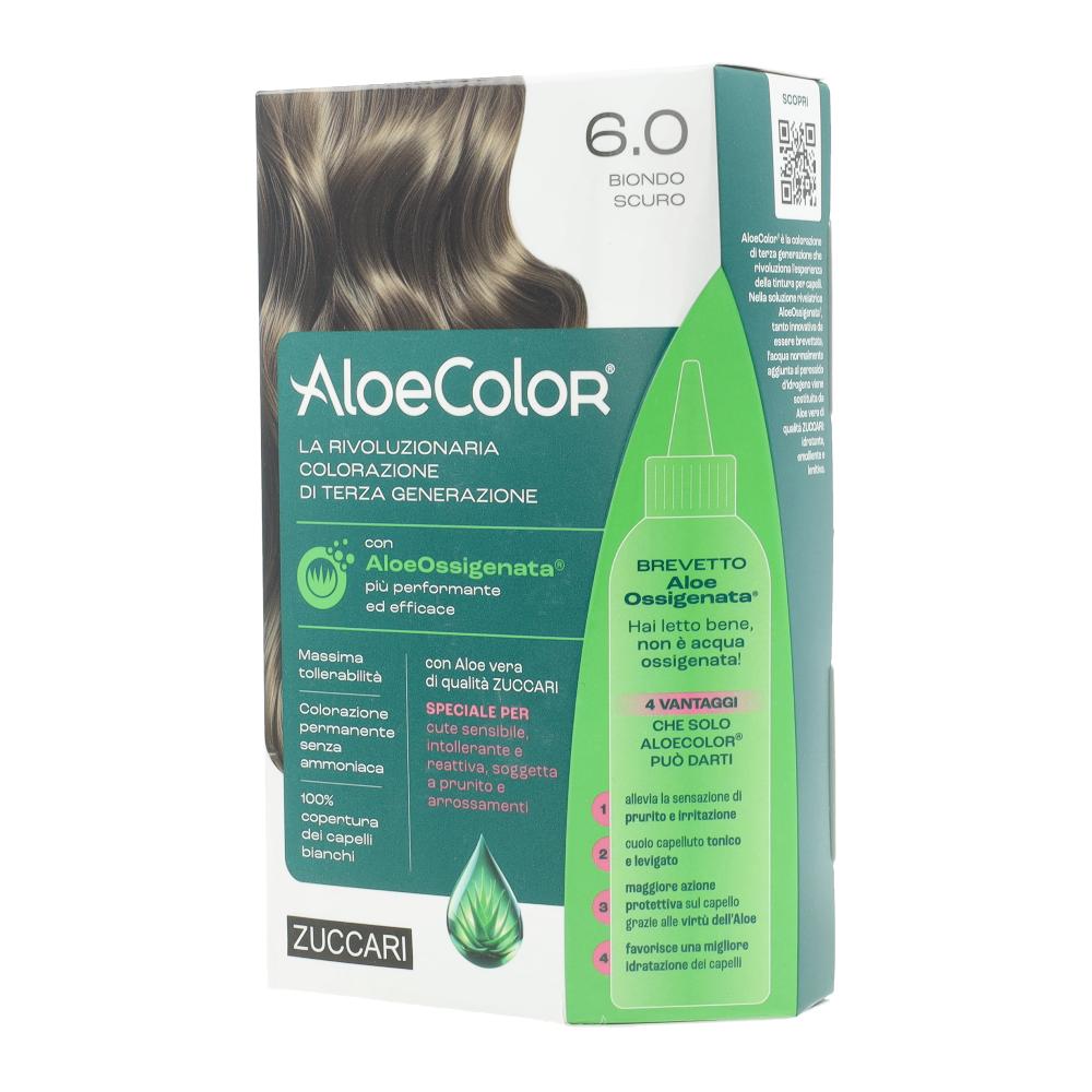 Aloecolor 6,0 biondo scuro tinta permanente capelli colore ad alta pigmentazione 50 ml + rivelatore aloeossigenata 75 ml + shampoo aloecare 15 ml + guanti