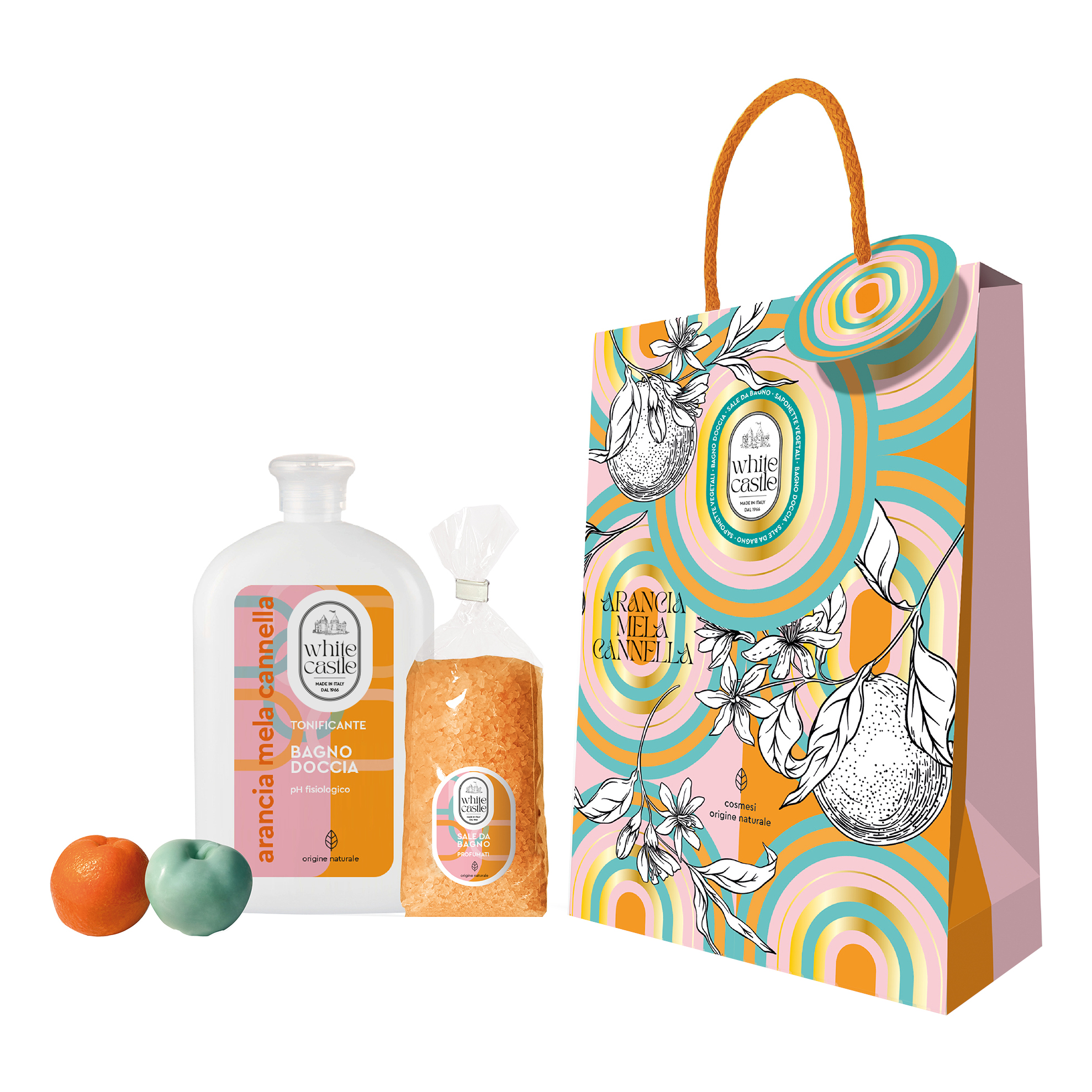 White castle cofanetto arancia mela cannella bagno doccia 400 ml + sali da bagno 270 g + 2 saponette vegetali profumate da 50 g