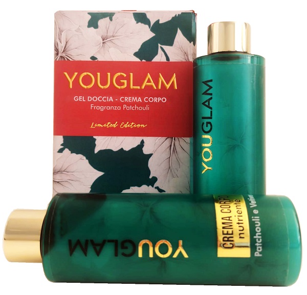 Youglam cofanetto 1 gel doccia rivitalizzante 200 ml + 1 crema corpo 200 ml con prebiotici aloe vera e olio di vetiver pprofumazione patchouli limited edition