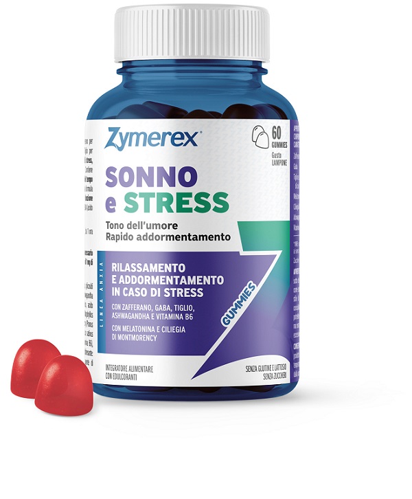 Zymerex gummies sonno e stress 60 gummies gusto lampone con edulcoranti senza glutine senza lattosio