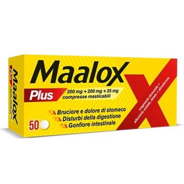 Maalox Plus Bruciore di stomaco, cattiva digestione, iperacidità di stomaco, 50 Compresse