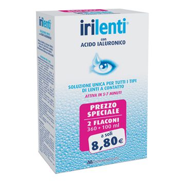 Soluzione unica per lenti a contatto irilenti con acido ialuronico 2 flaconi da 360 ml + 100 ml