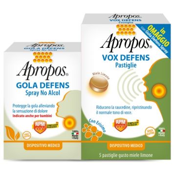 Apropos gola defens spray no alcol 20 ml + vox defens 5 pastiglie miele e limone Apropos gola defens spray no alcol 20 ml + vox defens 5 pastiglie miele e limone