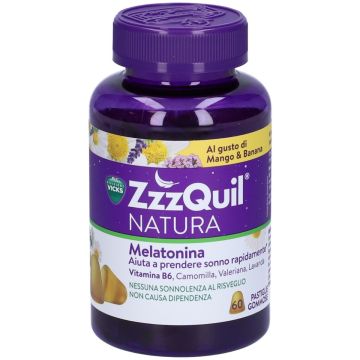 Vicks ZzzQuil Natura Per Dormire 60 Pastiglie Gommose Mango Banana con Melatonina Camomilla Valeriana Lavanda