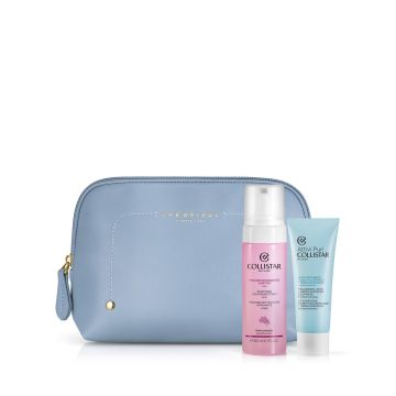 Cofanetto attivi puri maschera acido ialuronico+madecassoside 75 ml + mousse detergente lenitiva 180 ml + sample gocce magiche protettive + beauty bag azzurra the bridge