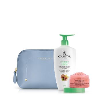 Cofanetto latte fondente sublime 400 ml + mini talasso scrub energizzante 150 g + sample gocce glow corpo + pochette azzurra the bridge