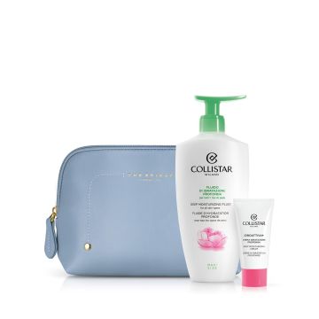 Cofanetto fluido idratazione profonda 400 ml + crema idratazione profonda viso 25 ml + sample gocce glow corpo + pochette azzurra the bridge