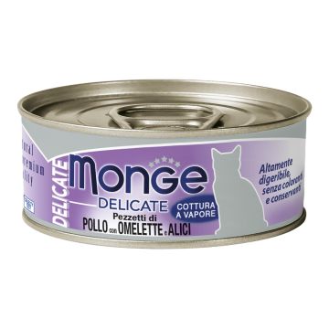 Monge Gatto Delicate Lattina Adulto Pezzetti Di Pollo, Omelette & Acciughine 80 Gr
