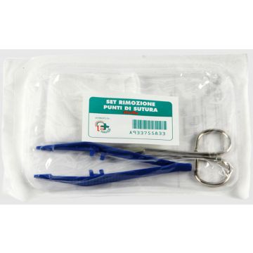Set per la rimozione dei punti di sutura composto da 1 forbice 1 pinzetta 2 compresse di garza di cotone