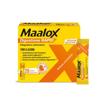Maalox Digestione RAPID, Bruciore di stomaco, Cattiva Digestione, Acidità di Stomaco – Per Adulti e Bambini 6+, Gravidanza, Senza Glutine e Lattosio 20 Bustine 