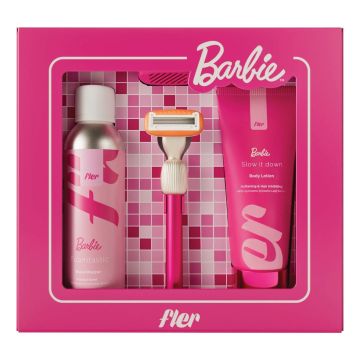 Fler cofanetto that pink set barbie 1 set rasoio e cover da viaggio + 1 mousse rasatura + 1 crema corpo post depilazione
