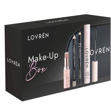 Lovren beauty box make-up 1 mascara m3 + 1 matita occhi p2 + 1 matita ombretto omp1 + 1 lipstick balm color boost nude lb1
