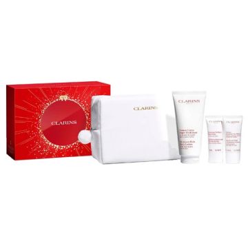 Clarins value set baume corps xmas 25 baume corps super hydratant 200 ml + exfoliating body scrub 30 ml new + hand&nail treatement cream 30 ml + large pouch