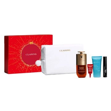 Clarins value set double serum 9 xmas 25 double serum 9 30 ml + hydra-essentiel day cream 15 ml + total eye lift 3 ml new + mascara wonder volume xxl 01 3 ml + large pouch