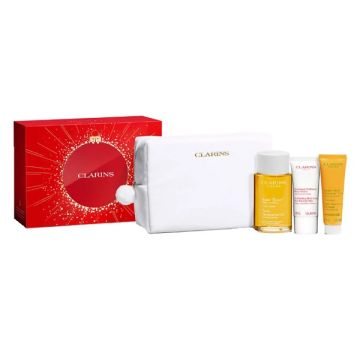 Clarins value set huile tonic xmas 25 huile tonic 100 ml + exfoliating body scrub 30 ml + tonic body balm 30 ml + large pouch