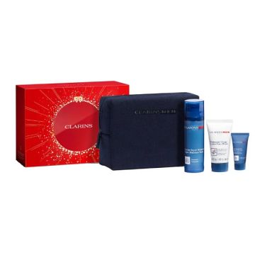 Clarins value set men xmas 25 baume super hydratant + active face wash 30 ml + huile de rasage 3 ml + pouch