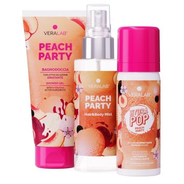 Veralab kit body peach party pesca 1 pochette + 1 bagnodoccia + 1 acqua profumata + 1 hydra pop