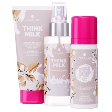 Veralab kit body think milk 1 pochette + 1 bagnodoccia + 1 acqua profumata + 1 hydra pop