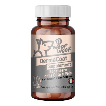Woof woof wellness dermacoat supplement pelle e pelo cani e gatti 75 compresse Woof woof wellness dermacoat supplement pelle e pelo cani e gatti 75 compresse