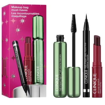 Clinique makeup bag must-haves high impact high-fi full volume mascara intense black + high impact easy eyeliner liquid black + almost lipstick black honey