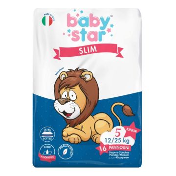 Pannolini babystar slim 12/25kg taglia 5 junior 16 pezzi