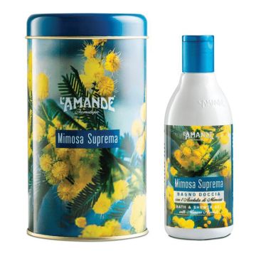 L'amande mimosa suprema boite metallica cilindrica bagnodoccia 250 ml