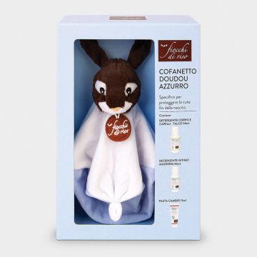 Fiocchi di riso cofanetto doudou bimbo azzurro minisize pasta cambio 15 ml + minisize intimo mioderm 50 ml + minisize detergente corpo capelli talco 50 ml + doudou fiocco azzurro