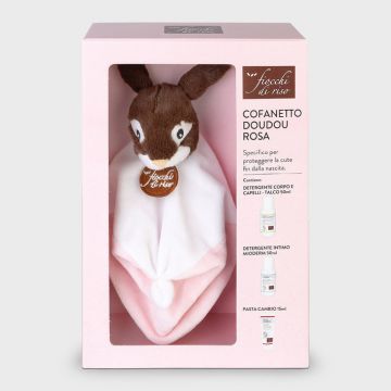 Fiocchi di riso cofanetto doudou bimba rosa minisize pasta cambio 15 ml + minisize intimo mioderm 50 ml + minisize detergente corpo capelli talco 50 ml + doudou fiocco rosa