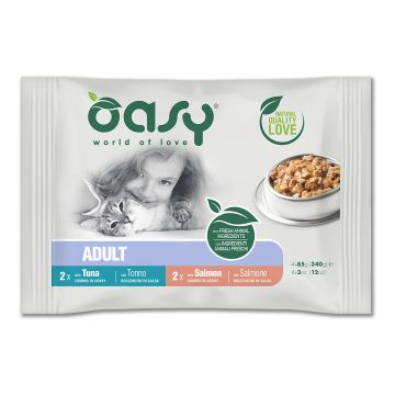 Oasy Gatto Bocconcini Multipack Adulto Tonno+Salmone Cf. (4X85) Gr