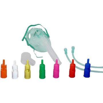 Maschera morbida a concentrazione variabile con sistema venturi completa di kit con 7 raccordi colorati e tubo di collegamento antischiacciamento adulti 1 pezzo