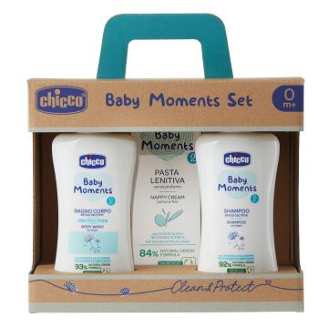 Chicco baby moments set bagnochiuma pelli delicate 200 ml + shampoo pelli delicate 200 ml + pasta cambio pelli delicate 100 ml