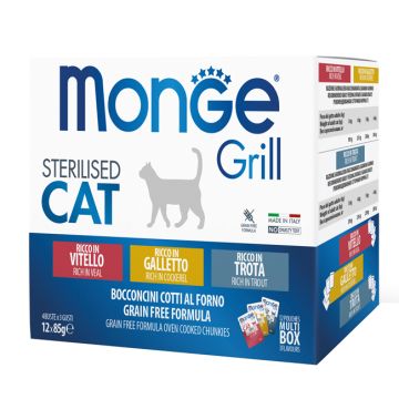 Monge Gatto Grill Multibox Adulto Sterilizzato Galletto, Vitello, Trota Cf. (12X85) Gr
