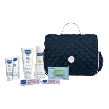 Mustela Borsa Zaino Gel Detergente 2in1 200 ml + Shampoo Dolce 200 ml + Pasta Cambio 50 ml + Salviette Multiuso 25 pezzi + Hydra Bebè Viso 40 ml