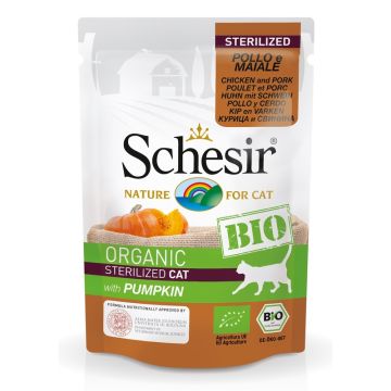 Schesir Gatto Bio Organic Busta Adulto Sterilizzato Pollo, Maiale & Zucca 85 Gr